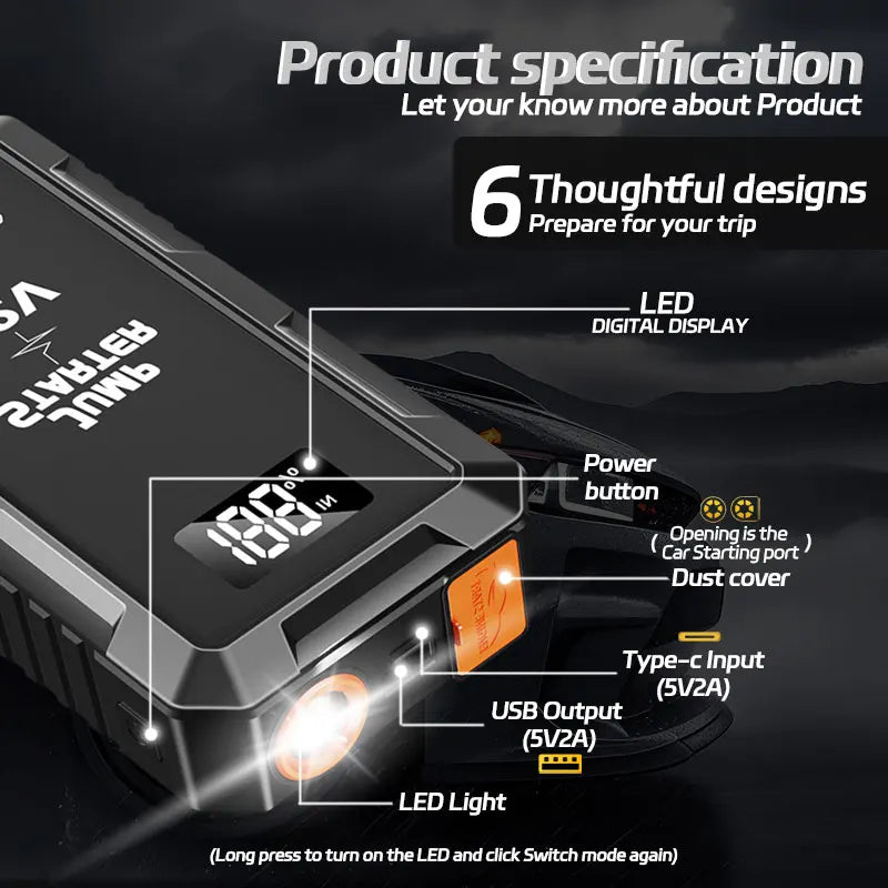 12V Car Emergency Power Supply 6000mAh Car Starting Device Car Starter with Lighting Portable Car Battery Power Bank Accessories