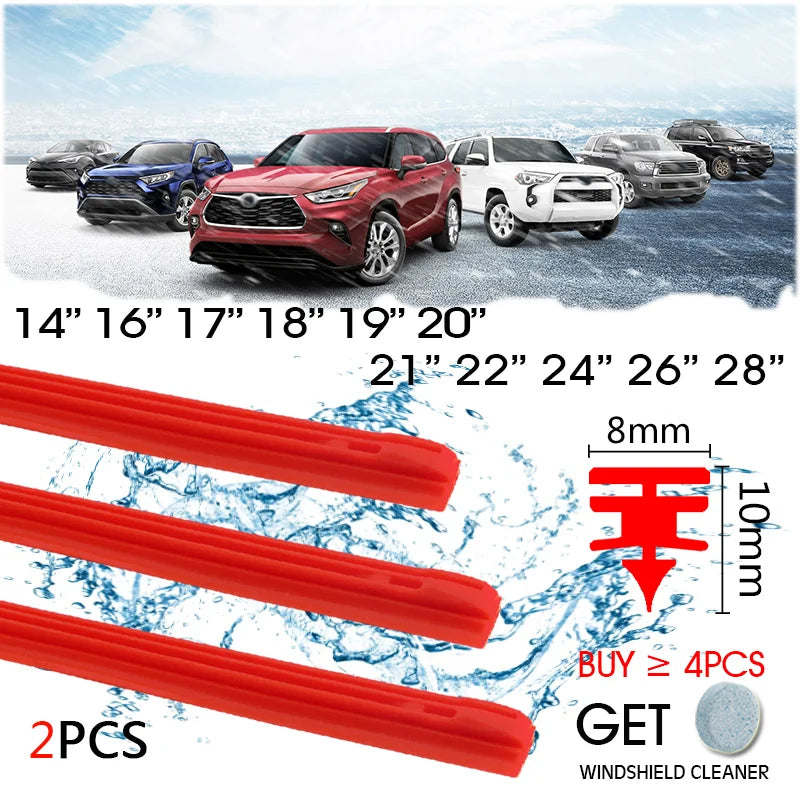 2 PCS Car Wiper Blade RED Silica Gel Silicon Refill Strips 8mm for Hybrid Type Wiper Blade 14"16"17"18"19"20"21"22"24"26"28"