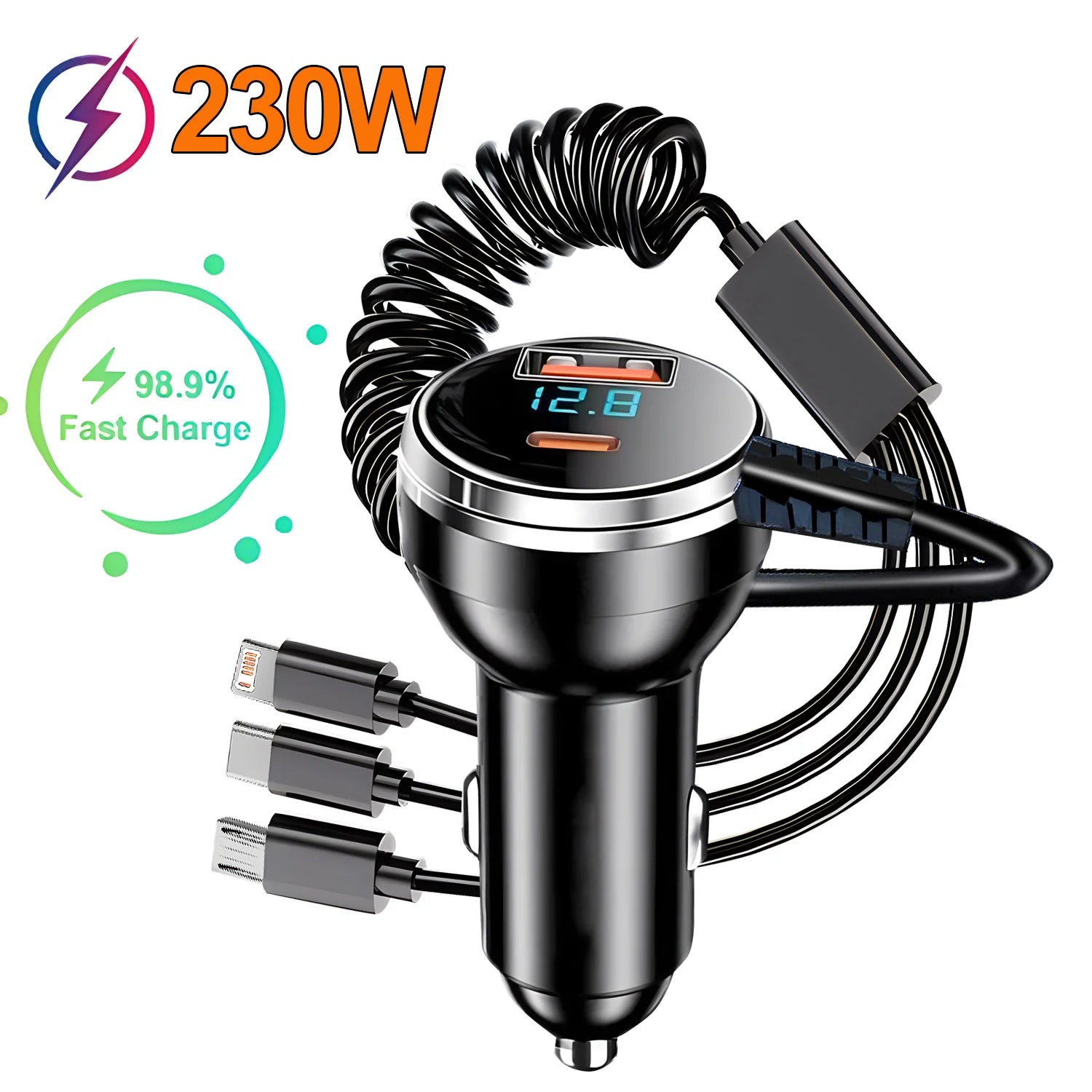 USB Car Phone Charger Adapter with Retractable Cable LED Voltage Monitor 4 in 1 Super Fast Charge for iPhone Samsung Huawei