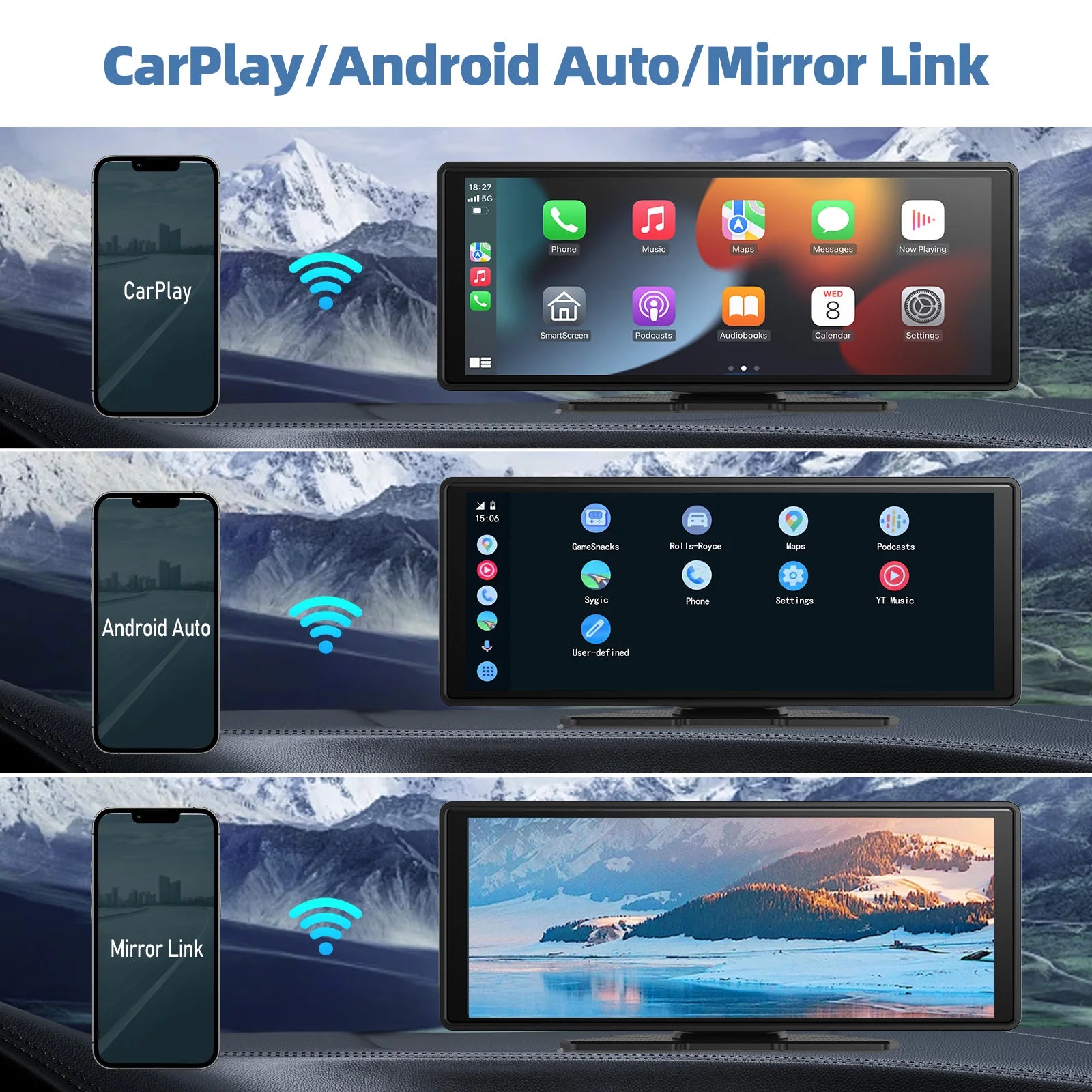 Universal Portable Wireless Carplay Screen for Car with Android Auto Touchscreen Car Stereo System