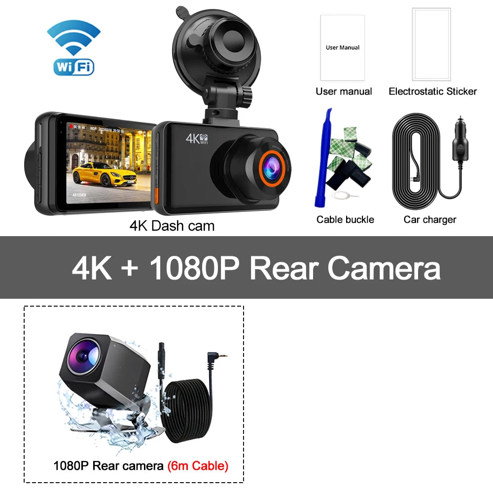 Kocam 4K WiFi Dash Cam for Cars Front and Rear Dual Lens Auto Dashcam Time-lapse Video Built-in Wifi Support 24H Parking Monitor