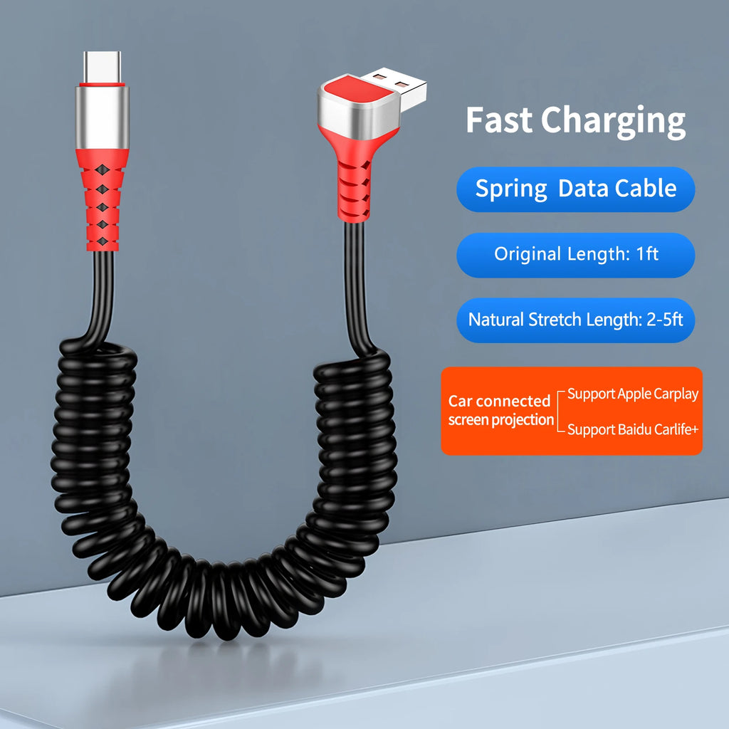 Elbow USB-C Retractable Spring Data Cable: Supports fast charging, compatible with iPhone 15/16 Pro Max,CarPlay &Carlife+