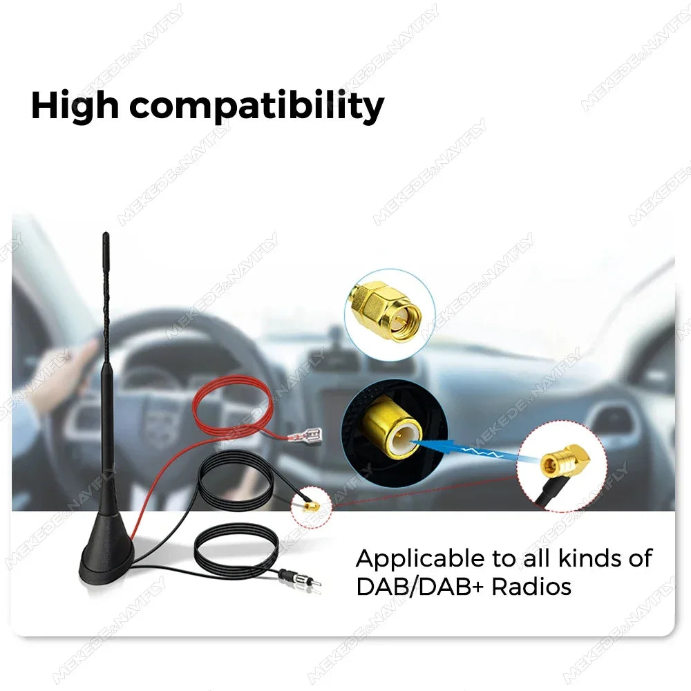 DAB Auto Radio Aerial Amplified Roof Mount Rod Antenna AM/FM Din SMA Male Connector 5m Cable for JVC Kenwood Pioneer Receiver