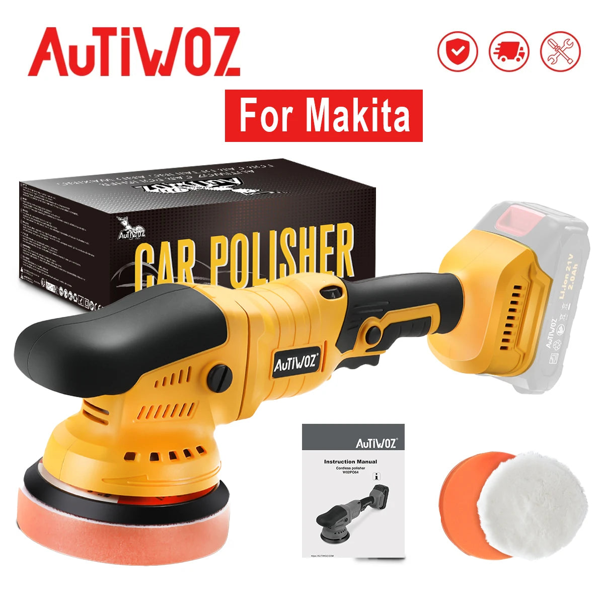 AUTIWOZ 21V Cordless Car Polisher 6-Speed Dual Action Waxing Tool Fit Makita 18V/20V/21V Battery for Paint Care & Glaze