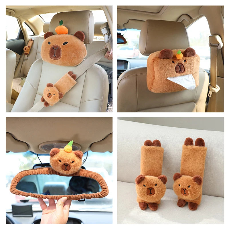 1PCar Headrest Neck Pillow Capybara Plush Shoulder Protection Cute Tissue Box Kawaii Car Decoration Of Car Supplies Plushie Gift