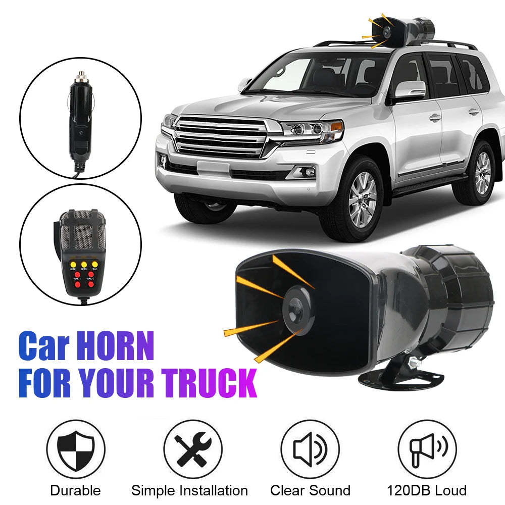 Car Warning Alarm Megaphone Police Siren Air Horn Speaker 120DB Loud Car Horn Multi-tone & Claxon Horn 12V 100W