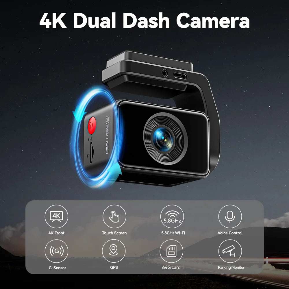 REDTIGER  A4 4k Dash Cam Front and Rear Drive Recorder GPS& 5G WiFi Touch Screen Night Vision 24H Parking Mode Voice Control
