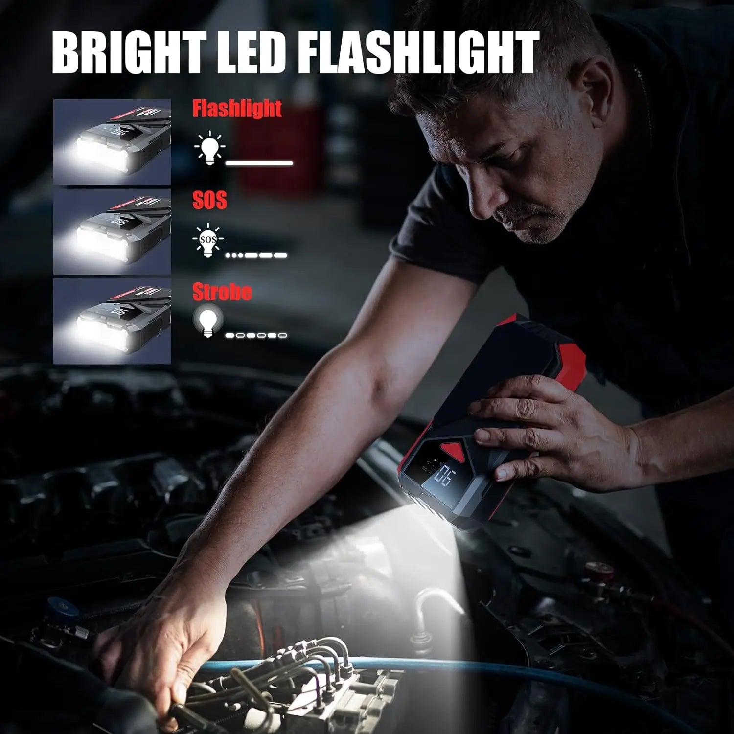 Portable 2500A Car Jump Starter with LCD Display - 12V Jump Box for Gas & Diesel Engines, Black