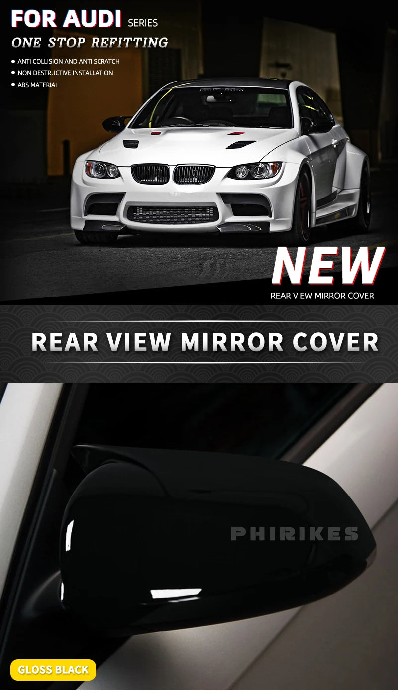 2PCS Black Side Wing Mirror Caps for Audi A3 S3 8P 05-08 A4 S4 B6 B7 8E 8H A6 S6 C6 4F Sticking Mirror Shell Covers