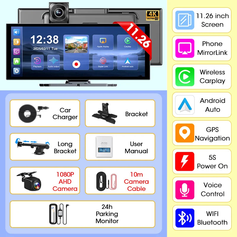 Develuck NEW 11.26 inch 4K DVR Wireless CarPlay and Android Auto Portable Dash Cam Car Screen Video Recorder 5G WIFI Navigation