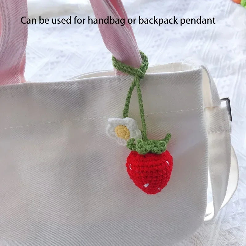 Cute Handmade Flower Knitted Pendant Strawberry Crocheted Car Decoration Rearview Pendant Bag Key Mirror Ornaments Girl Gift