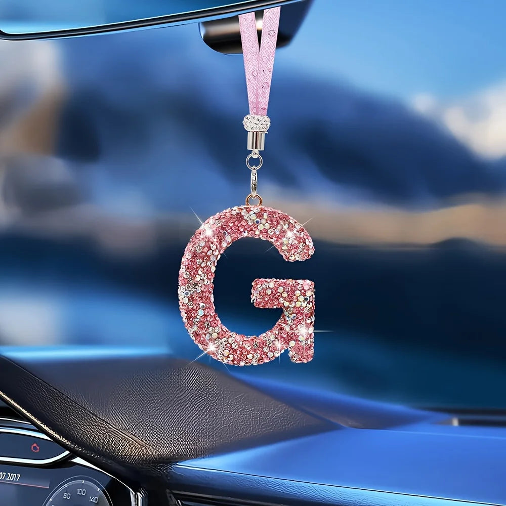 1PC Rhinestone Letter Car Rearview Mirror Pendant Crystal Car Decoration Bling Accessory Dangling Creative Shiny Charm
