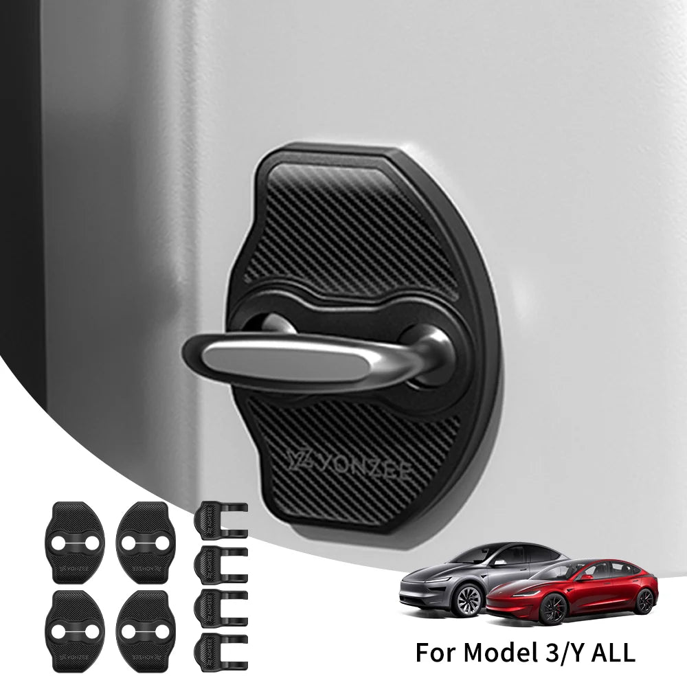 YZ For Tesla Model 3 Y Highland Juniper 4Pcs Car Door Shock Absorber Car Lock Cover Protective Sticker imitation Carbon Fiber