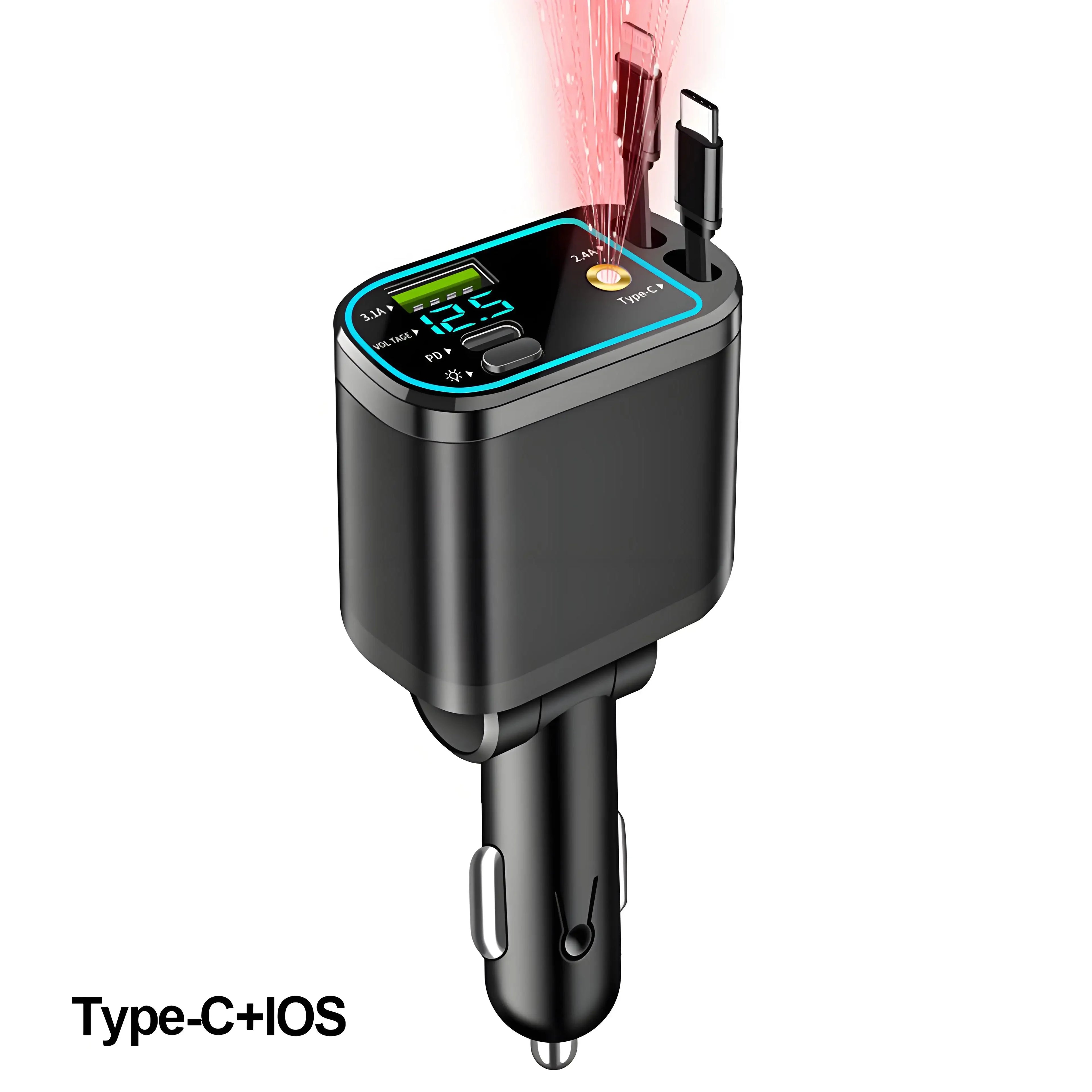 120W Retractable Car Charger with USB C Lightning Cable Starlight in Auto Roof Fast Charging for IPhone Samsung Phones