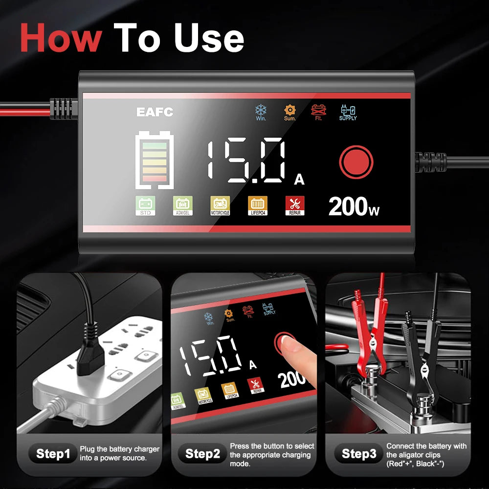 EAFC Large Power 200W 100W Battery Charger 12V/24V Car Battery Charger Smart Pulse Repair for Car LiFePO4 AGM GEL WET Lead Acid