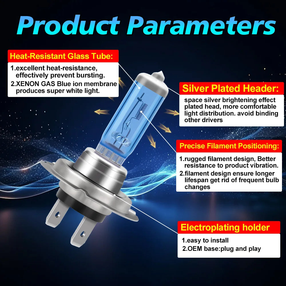 4Pcs Car H7 100W Halogen Headlight 6000K Super White Daytime Running Lamp High Power Light Bulb 12V Fog Lights