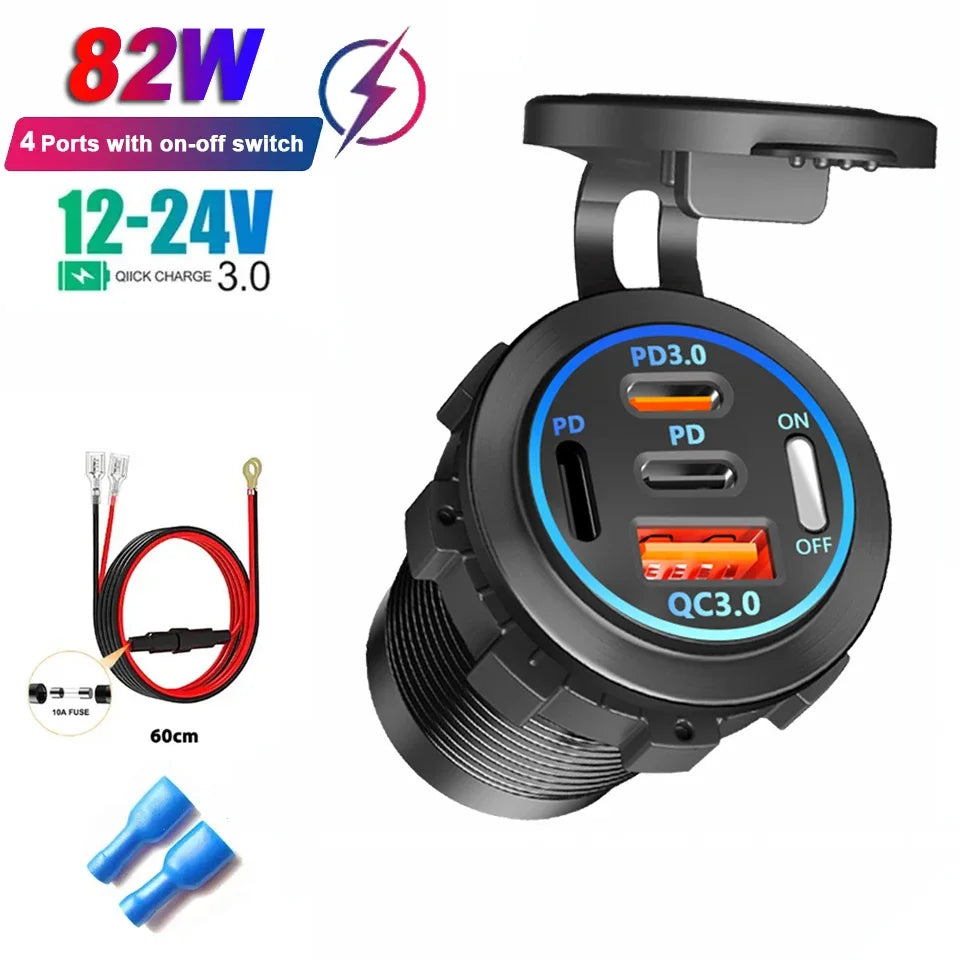 PD 3.0 QC 3.0 Car Charger Cigarette Lighter Socket Waterproof USB Fast Charge With Voltmeter Switch 12/24V Quick Charger Adapter