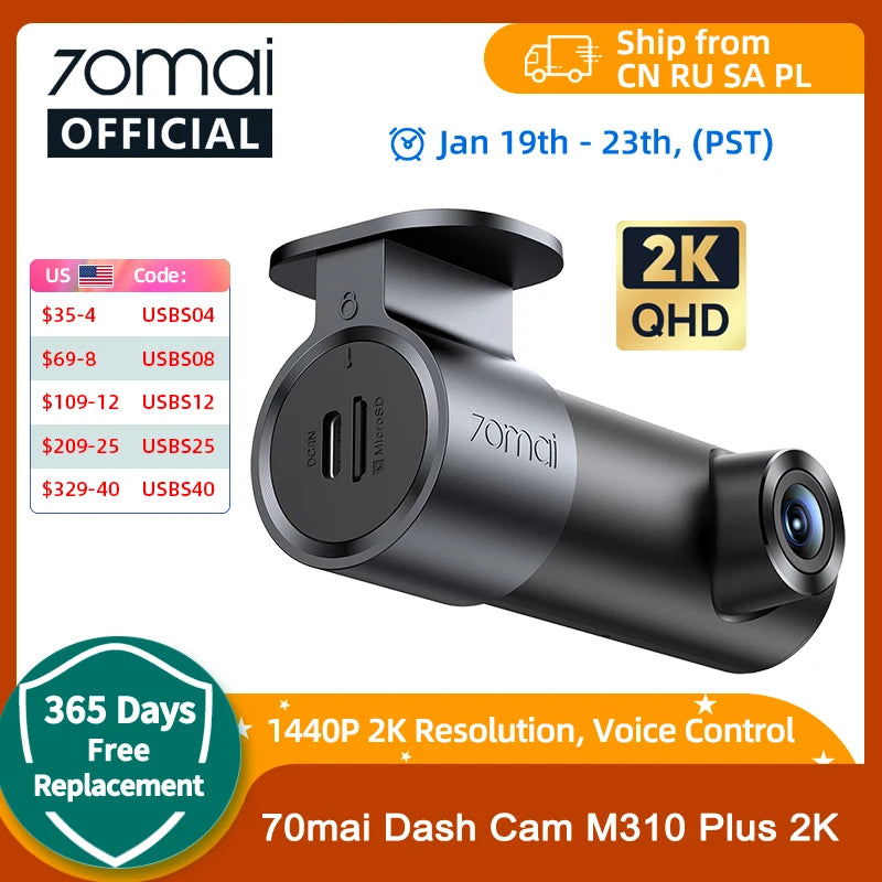 70mai Dash Cam M310 Plus 2K English Voice Control 1440P WDR Night Vision 24H Parking Surveillance 70mai M310 2K Car DVR Wi-Fi 6