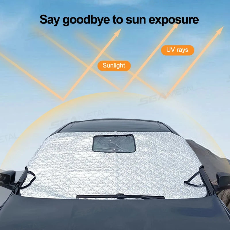 SEAMETAL Winter Car Snow Shield Universal Windshield Snow Cover Sunshade Protection Cover with Windproof Strap Anti-Thief Design