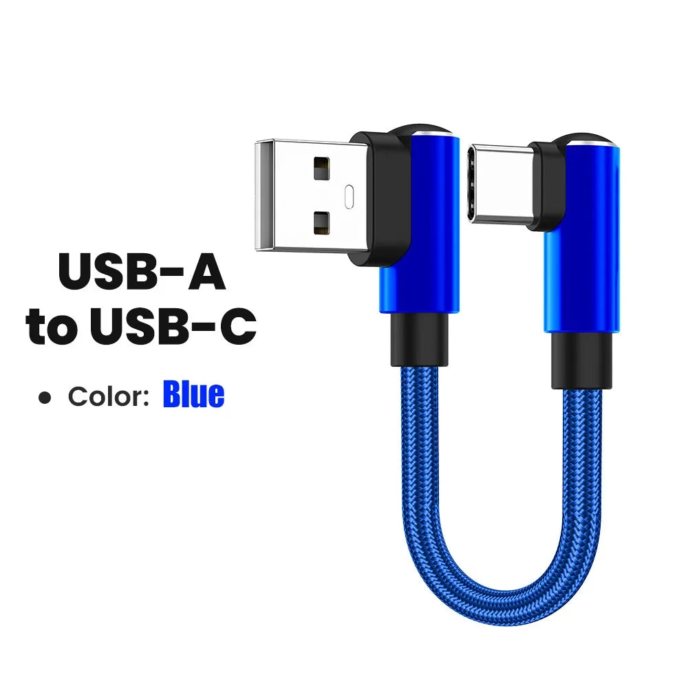 0.25m/0.5m Short Data Cable 90 Degree Elbow USB A/USB C To Type C Fast Charging Cable For Iphone 15 16 Xiaomi Samsung Huawei