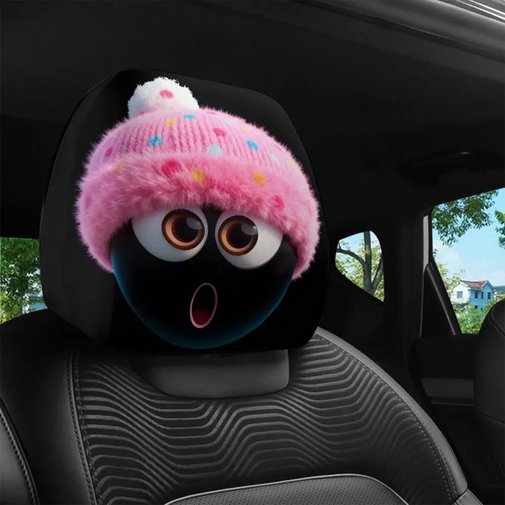 Winter limited edition surprise expression Pink plush hat General Motors headrest cover 2pcs, New Year gift, cute cartoon style