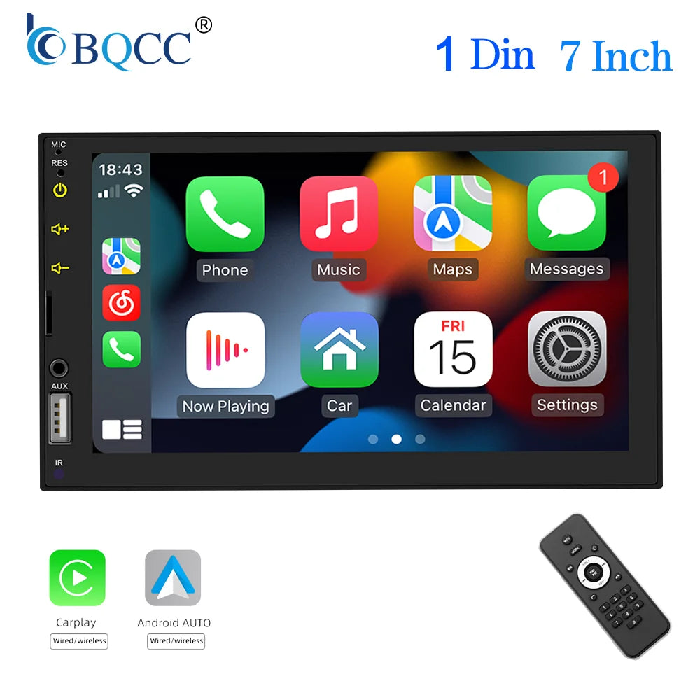 BQCC 7 Inch 1Din 2Din Car Radio Carplay Android Auto Multimedia Player HD Touch  Screen FM AUX BT MirrorLink Universal Car Audio