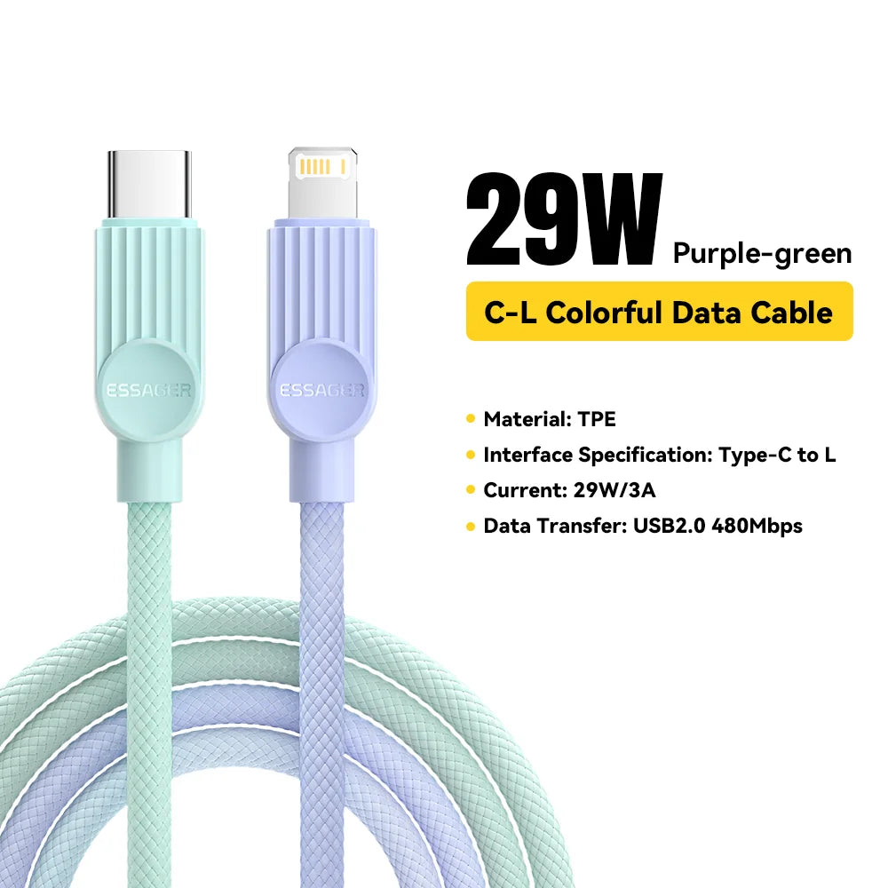 Essager USB C Color Cable For iPhone 14 13 12 11 Pro Max Xs iPad Macbook Wire 29W PD Fast Charging Type C To Lighting Data Cord