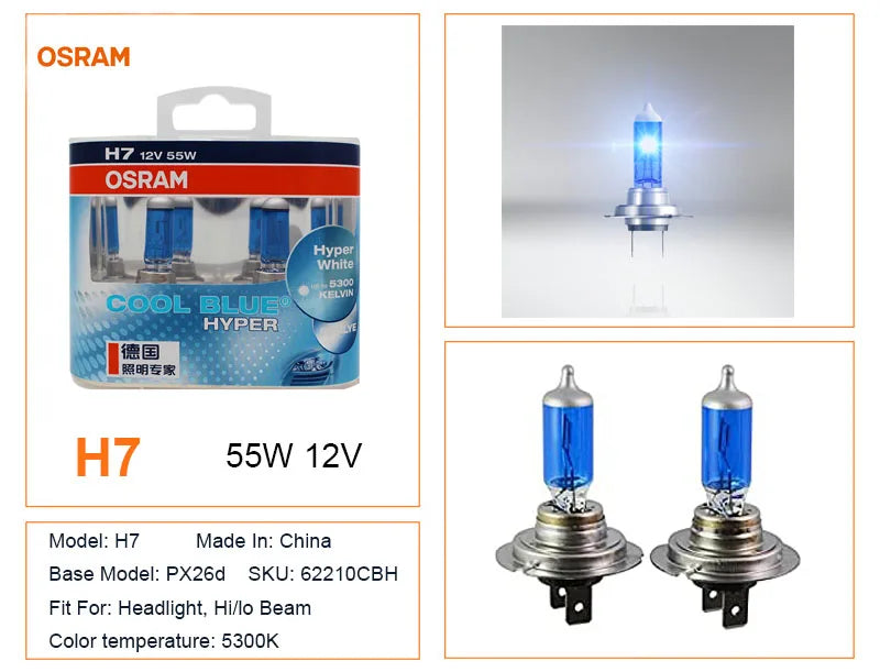 OSRAM  H7 H4 H1 H11 HB3 9005 HB4 9006 Halogen Headlight Car Light Hi/Lo Beam 5300K 12V 55W Cool Blue Hyper White Bulb(2 Pieces)