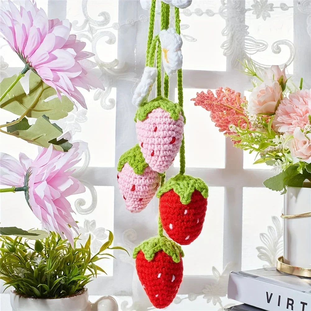 Cute Handmade Flower Knitted Pendant Strawberry Crocheted Car Decoration Rearview Pendant Bag Key Mirror Ornaments Girl Gift New