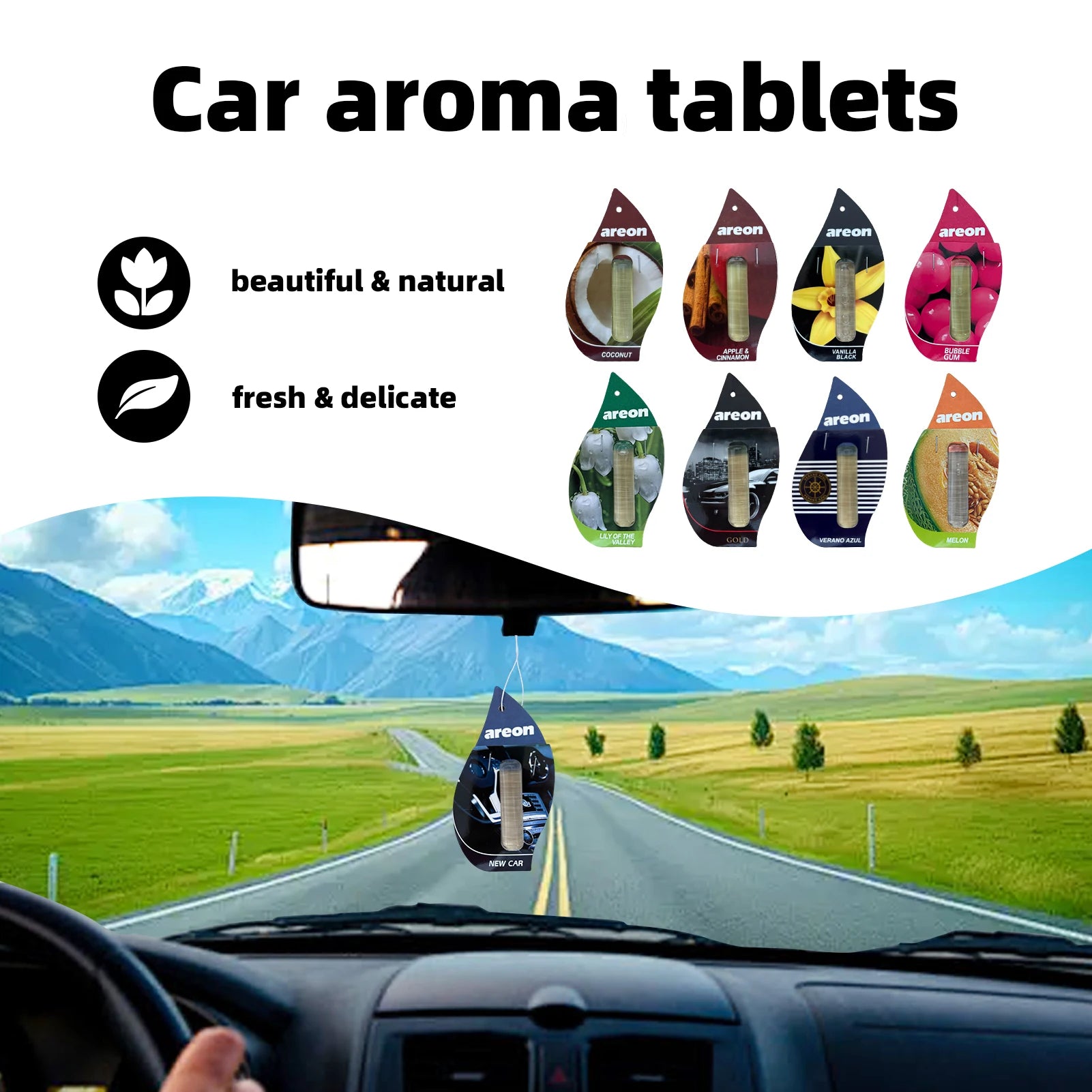 areon 3-18pcs Car Air Freshener Natural Tea Fragrance Vehicle-mounted Hanging Vanilla Scent Water Drop-shaped Car Interior