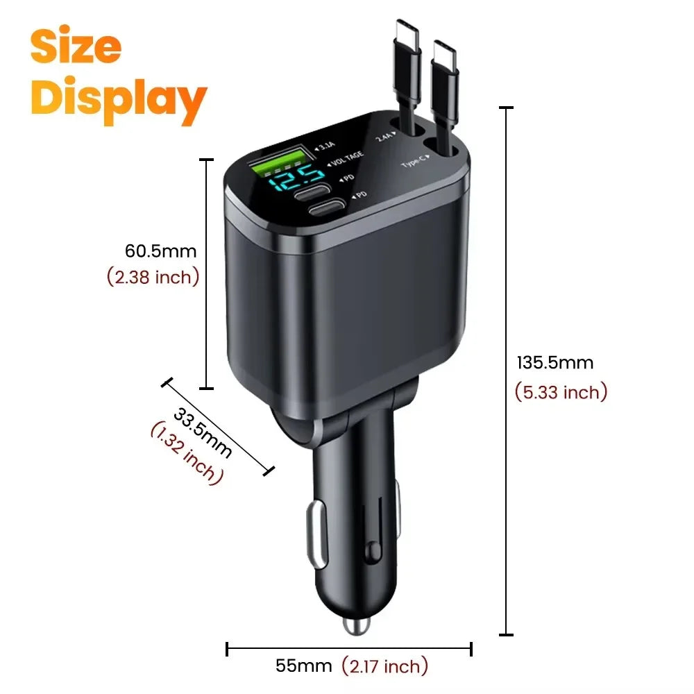 5-IN-1 Retractable Car Charger USB C Cable For IPhone Huawei Samsung Fast Charge Cigarette Lighter Adapter PD QC3.0 12V-24V