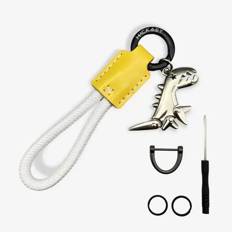 Dinosaur Keychain for Car Motorcycle, Woven Leather Metal Key Chain, Handbag Backpack Charm Gift Ideas