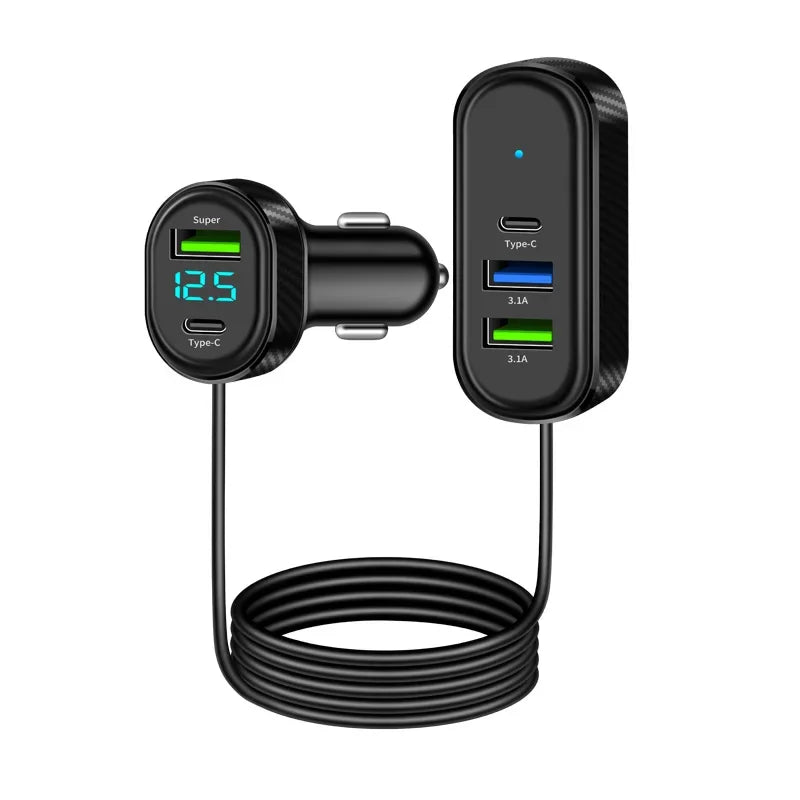 150 Long Cable Car Charger 5-Port USB Charger 12V/24V Car Phone Charger Adpater with Digital Voltage Display for iPhone/Andorid