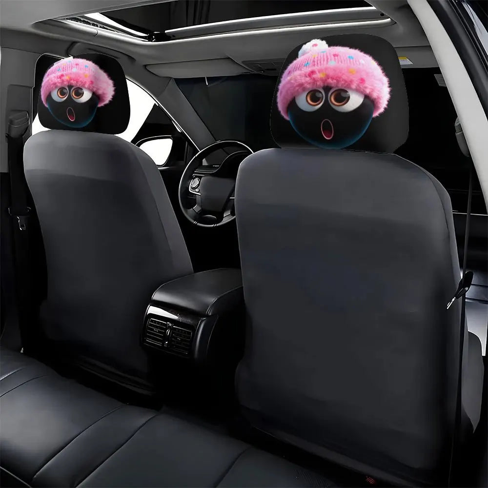 Winter limited edition surprise expression Pink plush hat General Motors headrest cover 2pcs, New Year gift, cute cartoon style