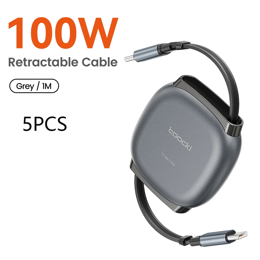 Toocki 100W Type C Retractable Cable For iphone 16 15 Pro Max Samsung Fast Chaerger Cable Mini Size 480Mdps Data Cable