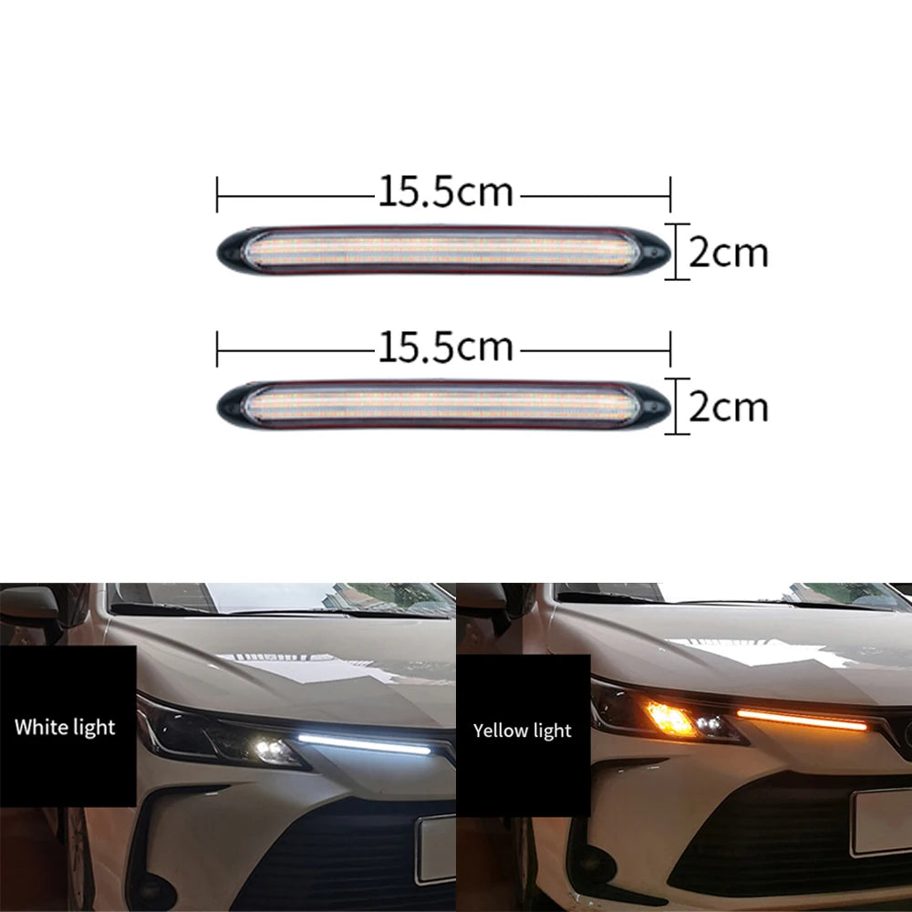 DRL Daytime Running Strip Car Headlight Decoration Turn Signal Light Strip Sequential Yellow Flow White Day Lamp Accessories 12V
