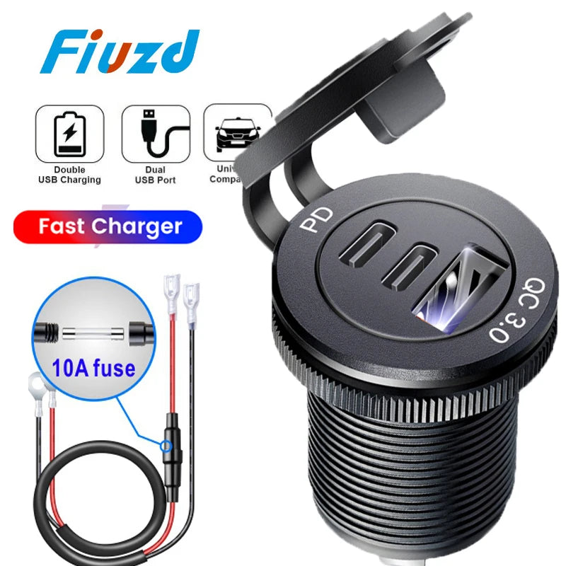 12v automotive usb socket USB C Car Charger Socket 12V/24V 3USB Socket PD3.0 and QC3.0 Car USB Port