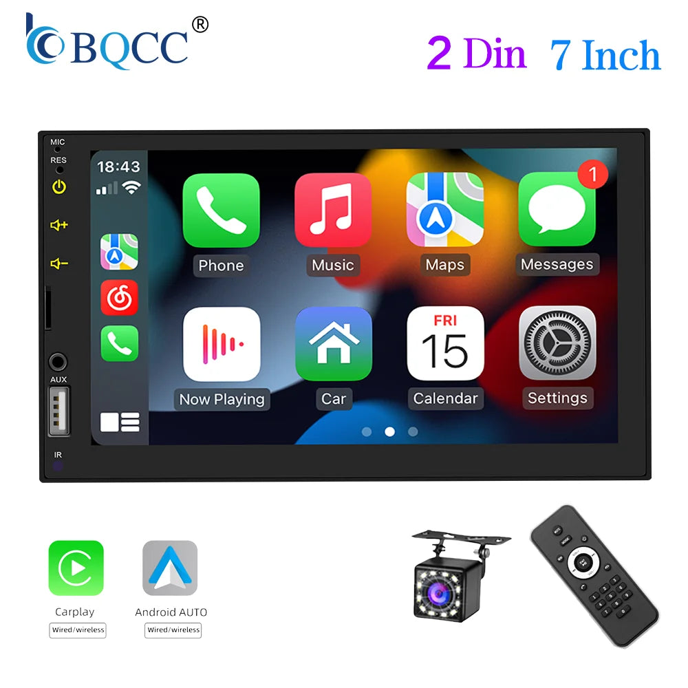 BQCC 7 Inch 1Din 2Din Car Radio Carplay Android Auto Multimedia Player HD Touch  Screen FM AUX BT MirrorLink Universal Car Audio