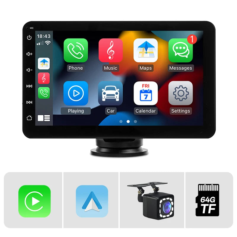 SINOVCLE 7" Portable Wireless Carplay Android Auto Car Radio Multimedia Player IPS Touch Screen AUX  USB Bluetooth Mirror Link