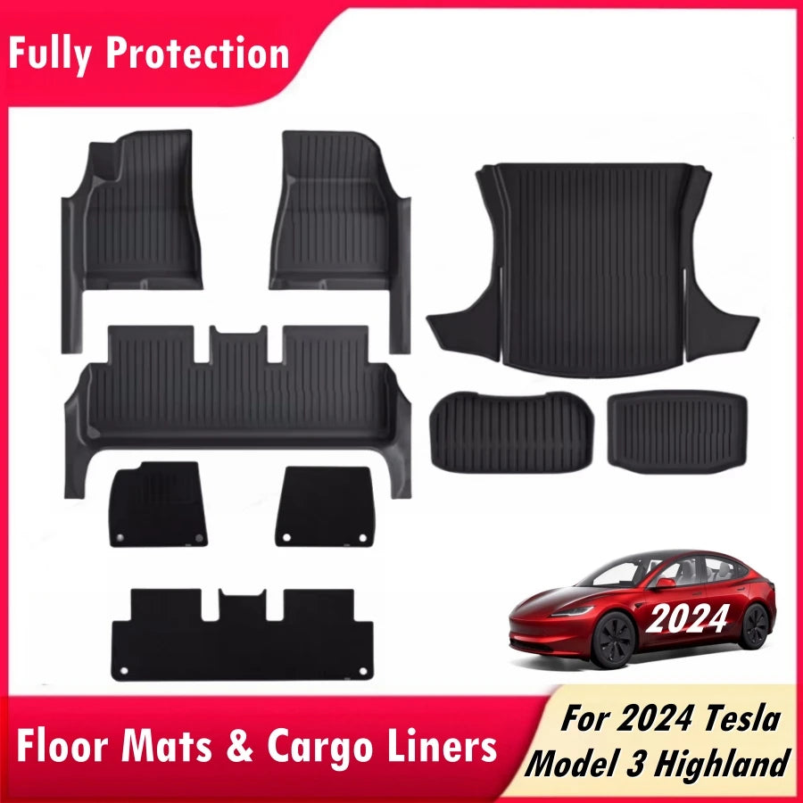 For 2024 Tesla Model 3 Highland Floor Mats with Door Sill Protector Full Cover Floor Liners with Front Rear Cargo Liner Seatback