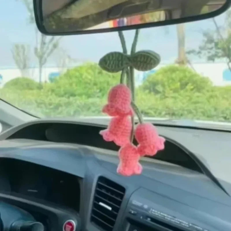1PCS Handmade Crochet Car Pendant - Lily & Bluebell Flower Rearview Mirror Hanging & Keychain, Ideal Women’s Gift