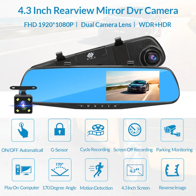 E-ACE Dash Cam 4.3 Inches Car DVR Rearview Mirror Driving Recorder Dual Lens Front and Rear Camera Video Recorder Black Box