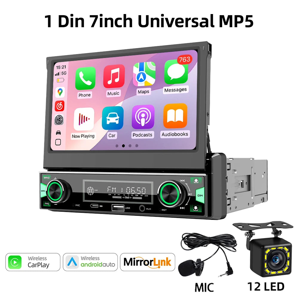 1Din 7'' MP5 Radio Player Automatic Retractable Screen Wireless Carplay Android Auto Multimedia FM AM RDS USB Type-C Car Stereo