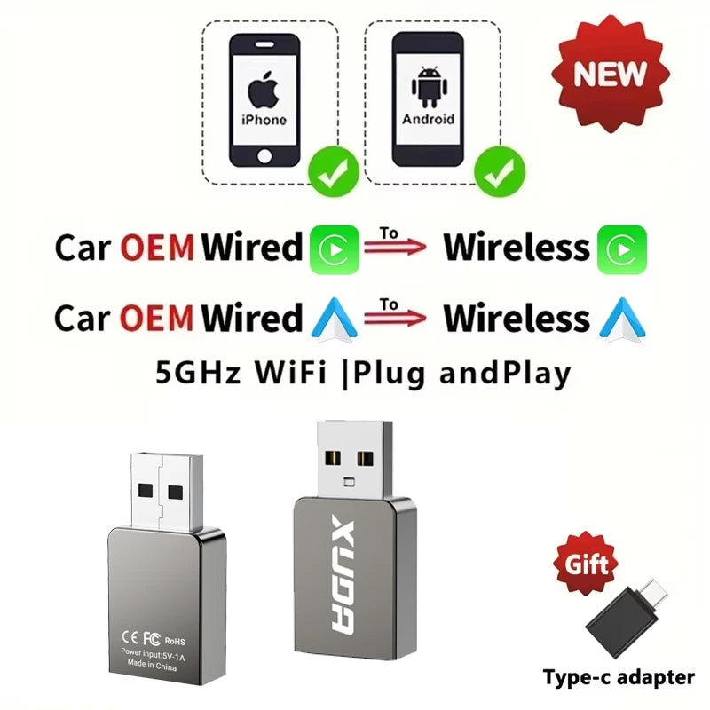 XUDA 2025  Wireless CarPlay Android Auto Wireless Adapter Smart Mini Box Plug And Play WiFi Fast Connect Universal For Nissan