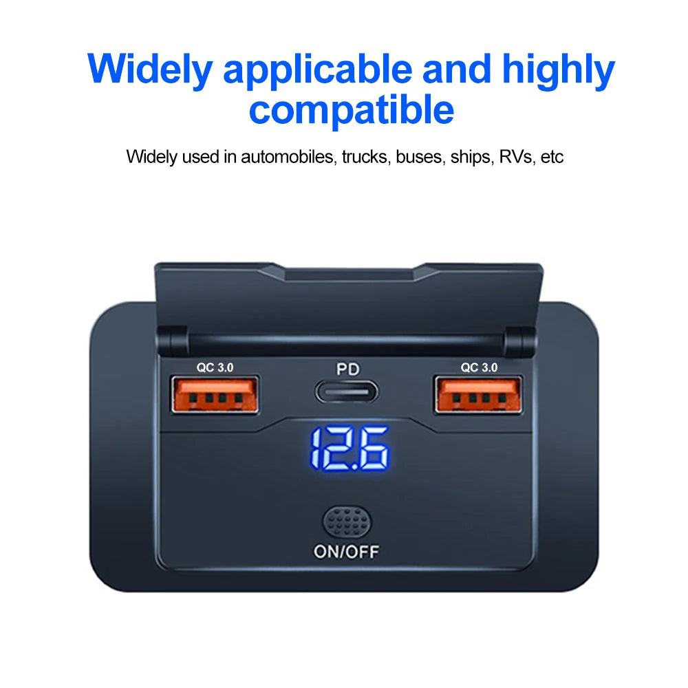 12/24V Car USB Adapter Socket Panel Wall Mount Dual PD3.0 & Dual QC3.0 Fast Charging Outlet Waterproof Car Charger Accessories