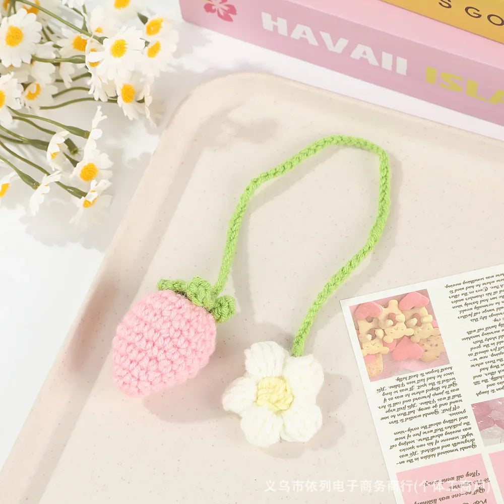 Cute Handmade Flower Knitted Pendant Strawberry Crocheted Car Decoration Rearview Pendant Bag Key Mirror Ornaments Girl Gift