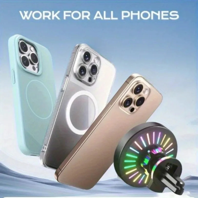RGB Light Car Magnetic Phone Holder Air Vent Stand Wireless Charger For Magsafe iPhone 16 15 14 13 12 Pro Max Fast Charging Dock