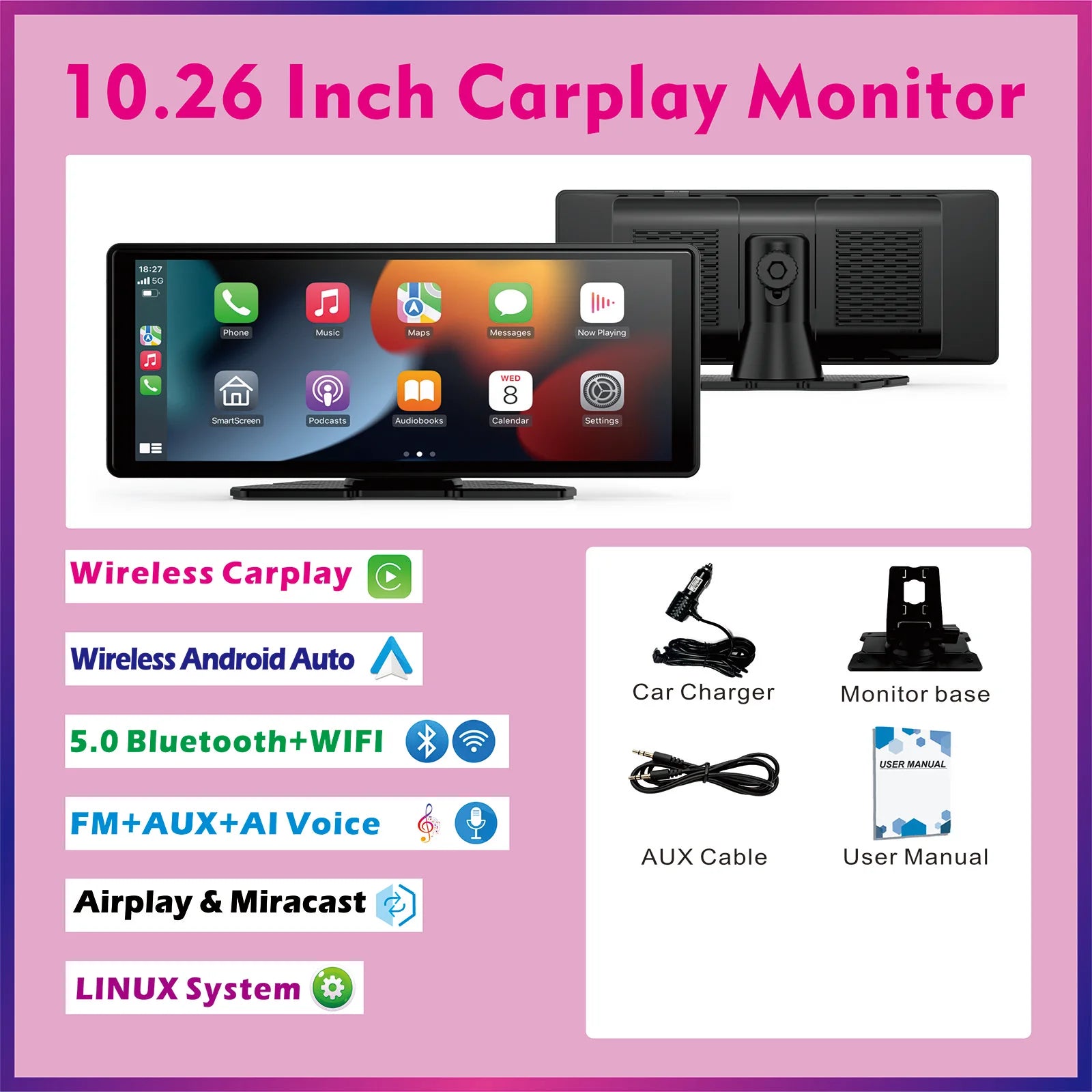 Pionray 9/11.26 inch CarPlay Screen Multimedia Video player Radio FM Compatible with car play Android Auto and Apple Carplay/GPS