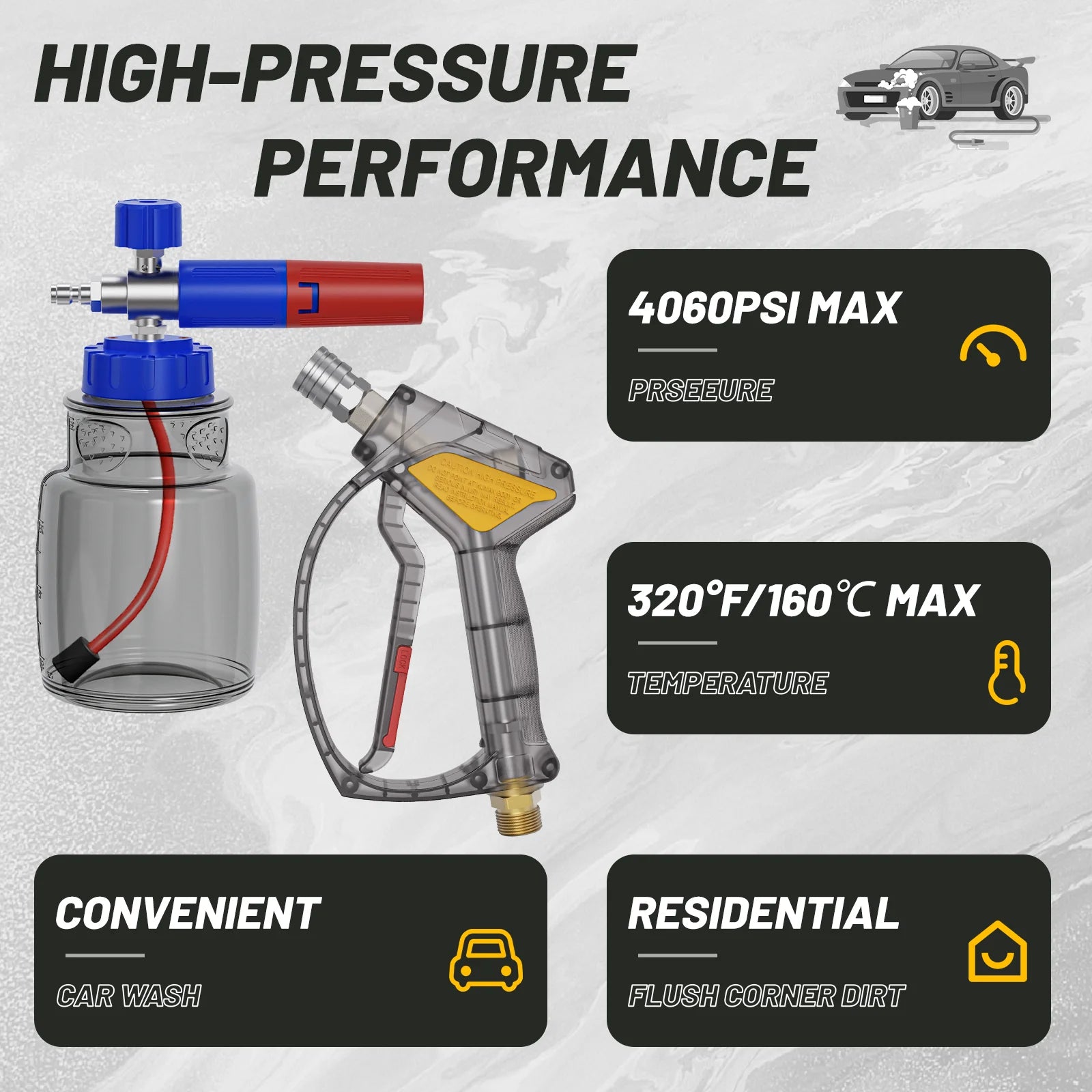 Simple transparent gray high-pressure cleaning machine car wash water gun yellow red color 360° anti-winding design with 5nozzle