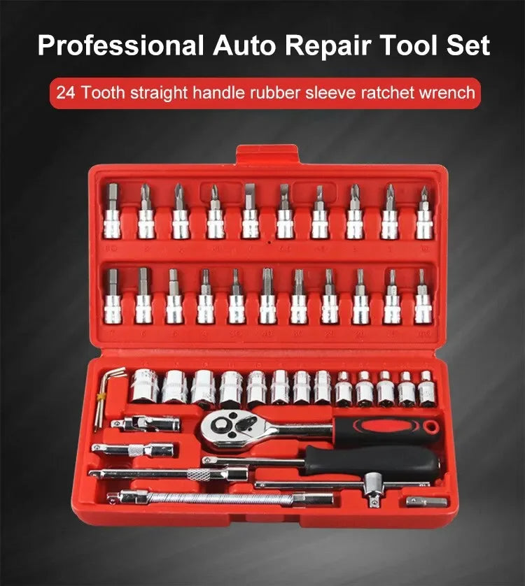 46pcsCar Repair Tool Kit 1/4-Inch Socket Set Car Repair Tool Ratchet Torque Wrench Combo Auto Repairing Set Mechanic Tool